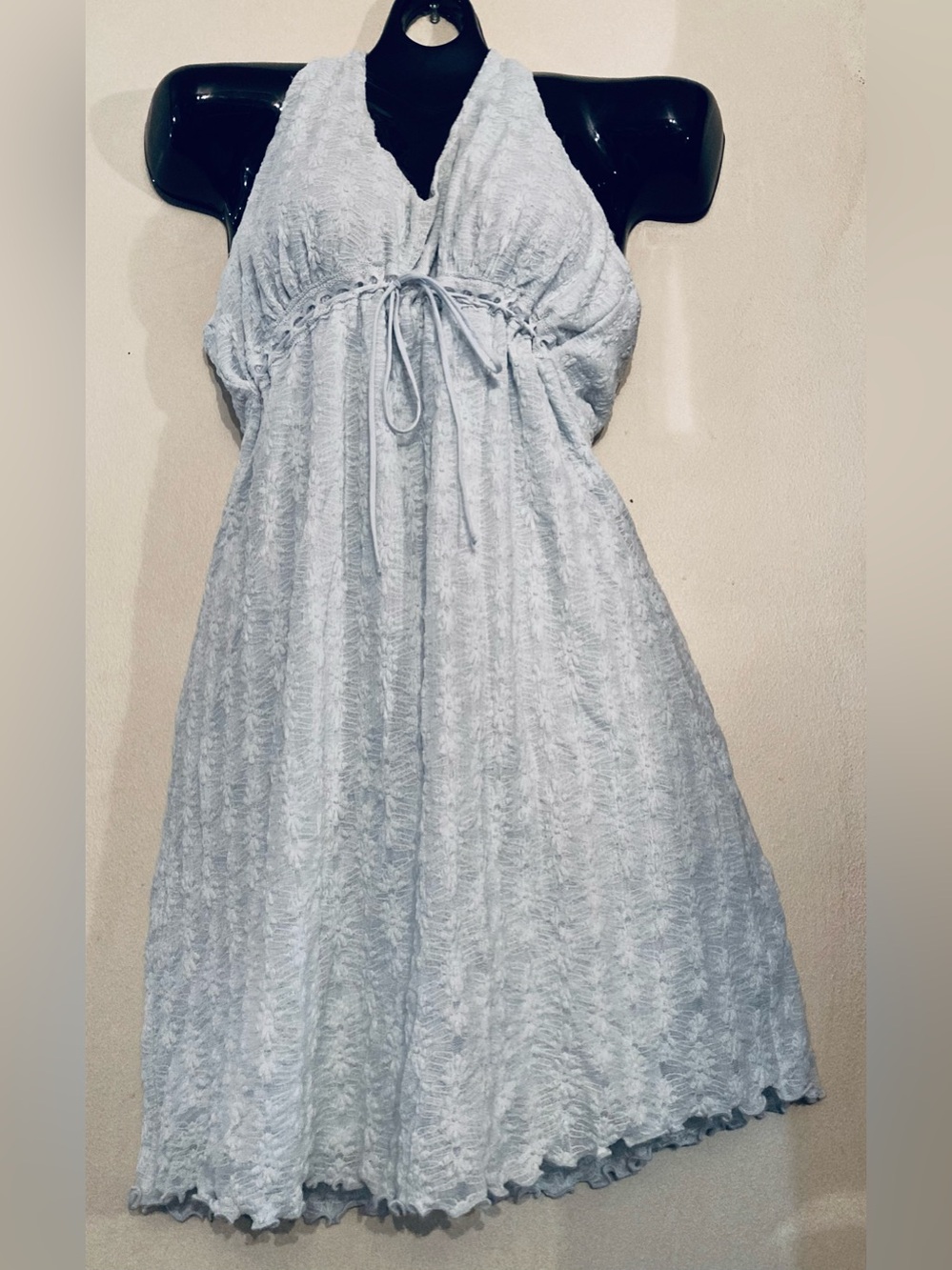 Light Blue Lacy Halter Sundress with Adjustable Tie Under Bust